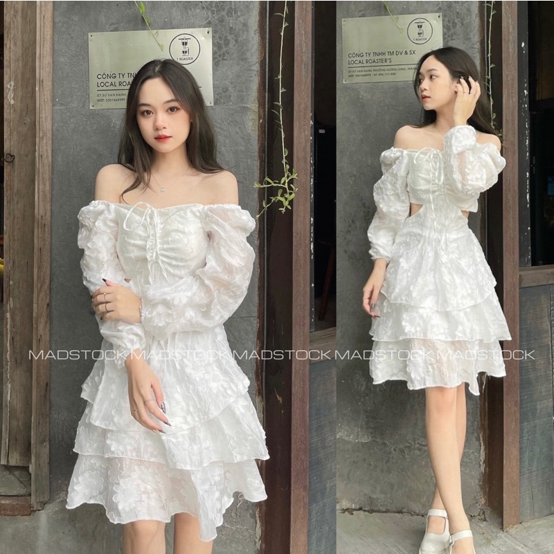 ĐẦM-VÁY TRẮNG HỞ LƯNG *SWAN* VẢI GẤM QUAI CỔ  VÁY THIÊN NGA CÔNG CHÚA