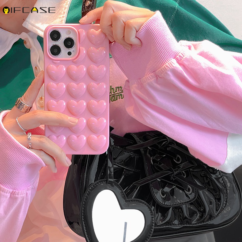 Ốp Điện Thoại Màu Trơn Hình Trái Tim 3D Chống Sốc Cho iPhone 13 12 Mini Pro Max XS Max XR X 7 8 6s Plus