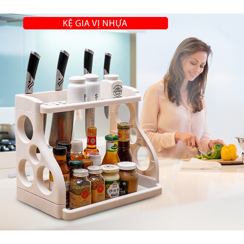 Kệ đựng gia vị nhà bếp, Kệ để đồ nhà bếp thông minh 2 tầng đa năng tiết kiệm không gian MKS045