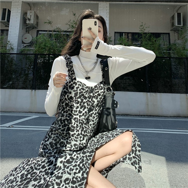 Set Đầm Đen Họa Tiết Da Báo Phong Cách Retro Cho Nữ | BigBuy360 - bigbuy360.vn