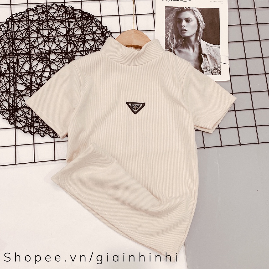 Áo tăm nhung cổ tròn tag ngực, Áo thun cổ cao ngắn tay dáng ôm AS5512 - NhiNhi Shop