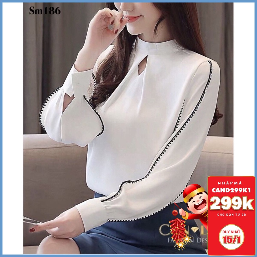 Áo sơ mi trắng nữ kiểu công sở tay bồng khoét giọt lệ viền tay SM186 Candy Fashion
