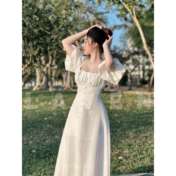 Đầm maxi cổ vuông tay bồng ngực xếp li nút bọc xẻ tà hàng cao cấp 3 màu