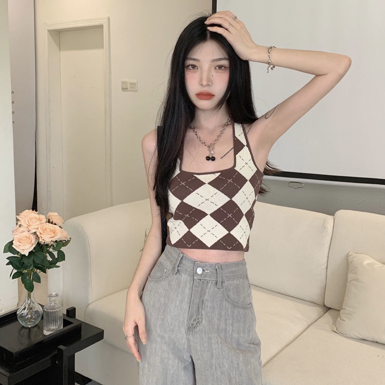 COZOK Set Áo Croptop Cổ Chữ V + Áo Hai Dây Kẻ Sọc Ca Rô Thời Trang