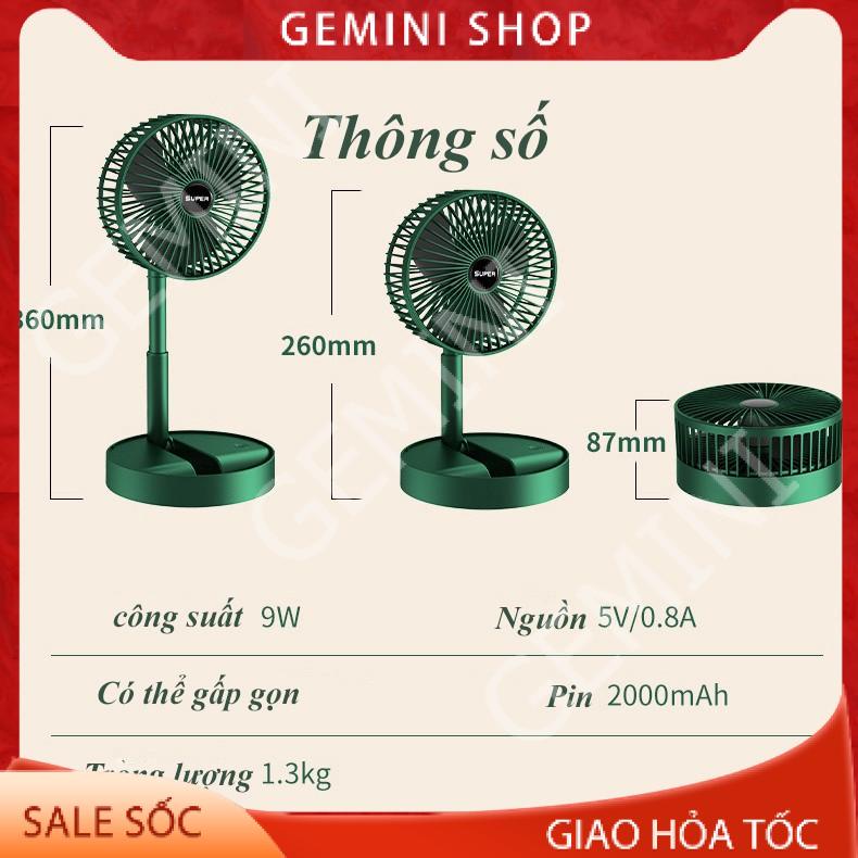 Quạt sạc tích điện mini gấp gọn FS002 mini cầm tay để bàn siêu mát pin dùng 8h 3 cấp độ gió GEMINI SHOP