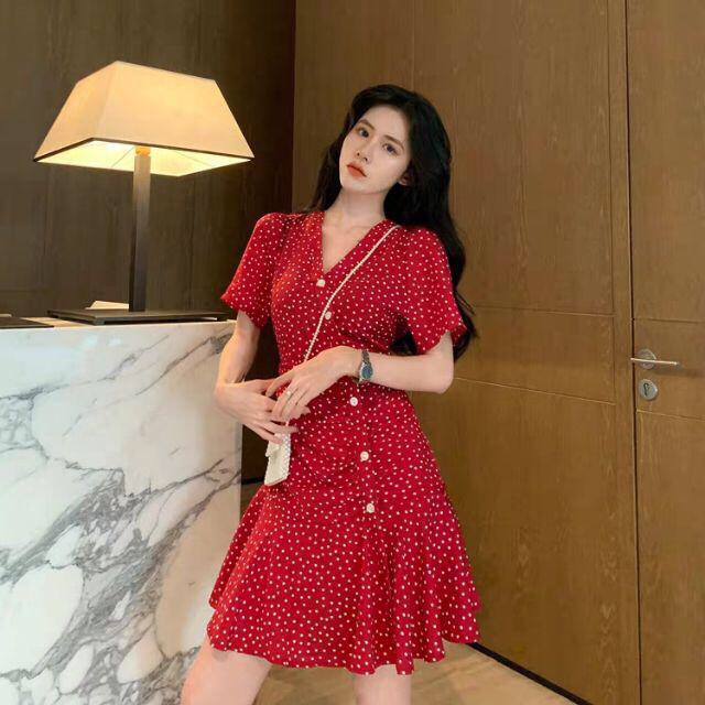 Đầm bi nhí 2 màu cổ V nút trắng xinh ngất ngây