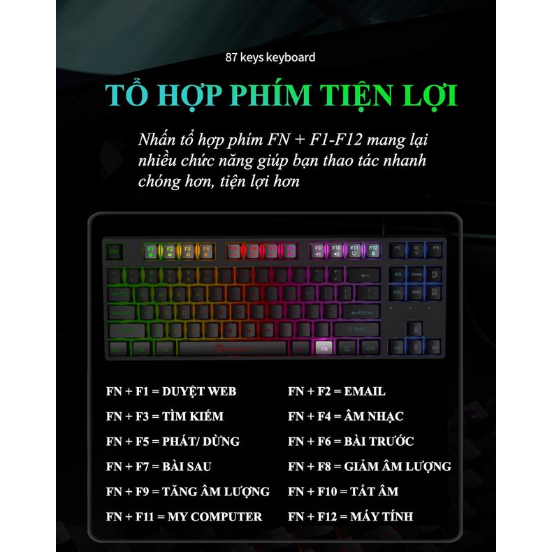 Bàn phím giả cơ SHIPADOO K87 đèn led 7 màu với thiết kế mini xinh xắn tiết kiệm không gian làm việc