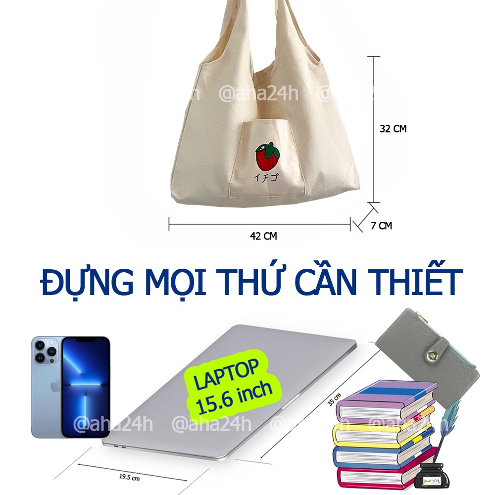 Túi tote vải canvas đi học đi chơi có túi nhỏ xinh in Dâu tây AH1632