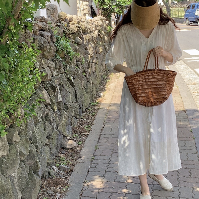 Đầm cotton trắng cổ chữ V thanh lịch phong cách Hàn Quốc 42637