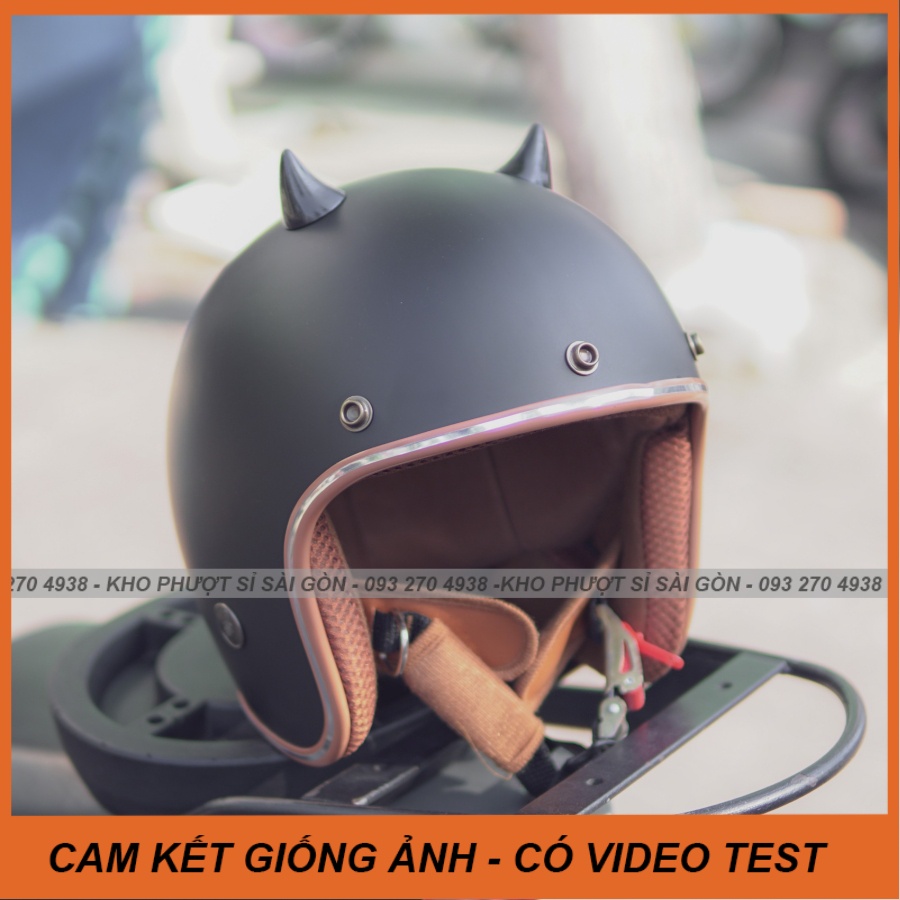 Nón bảo hiểm 3/4 đen nhám lót nâu kèm Sừng nhọn Mini nhiều màu chọn lựa - Mũ phượt gắn sừng mini