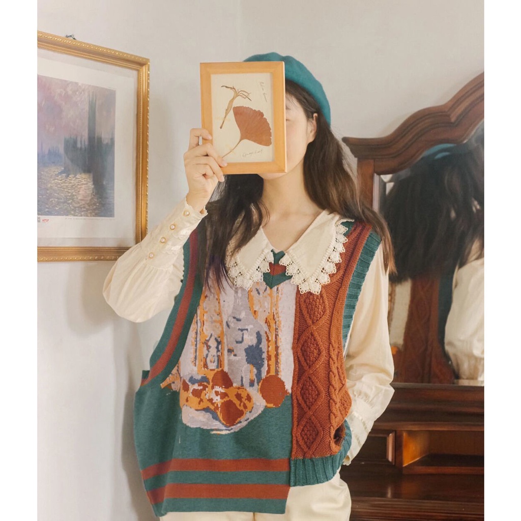 Set áo sơ mi dài tay + áo khoác len không tay phong cách retro dành cho nữ