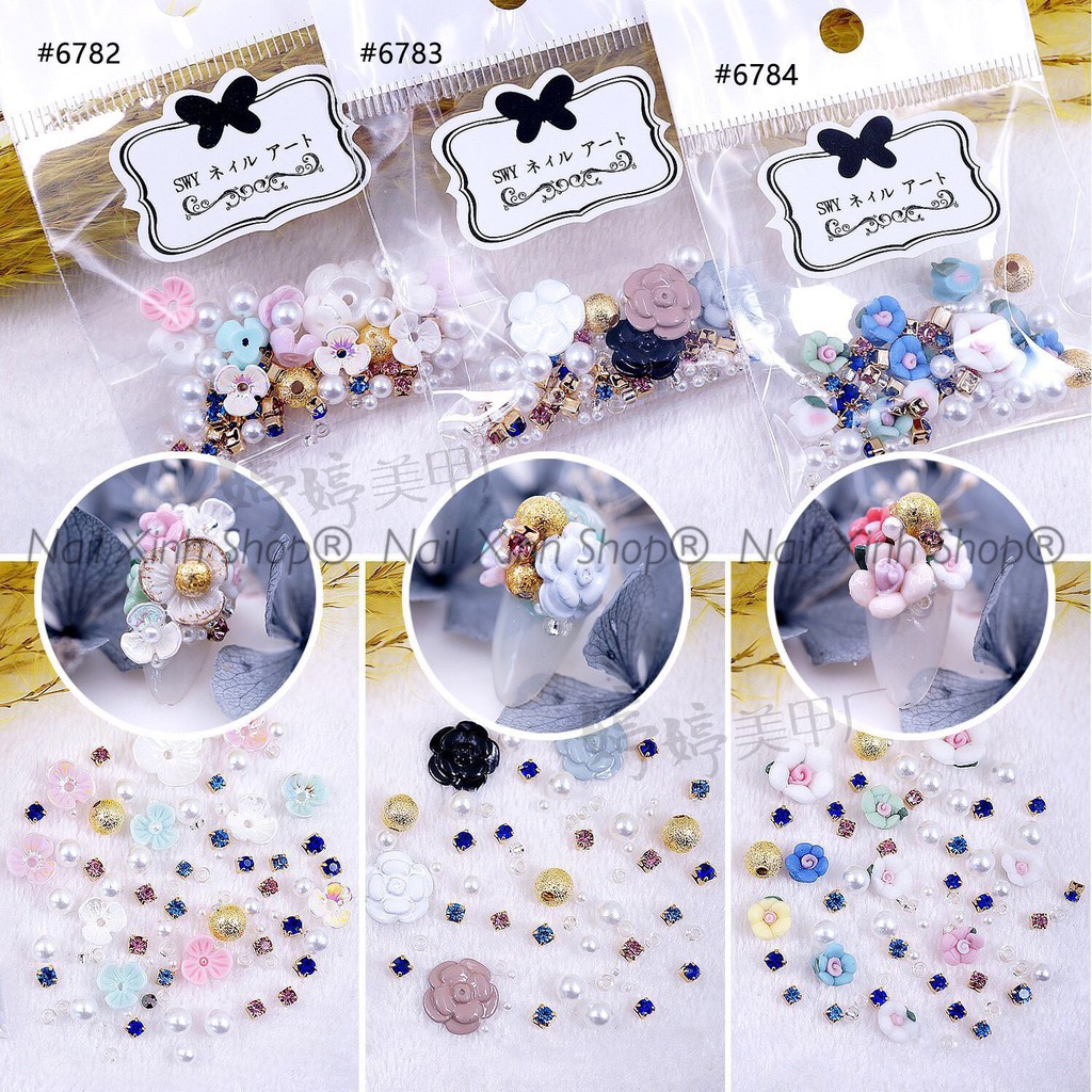 Túi mix đá nail,hoa,châu hạt,charm... phong cách Nhật, phụ kiên nail cao cấp, phụ kiện nail hot