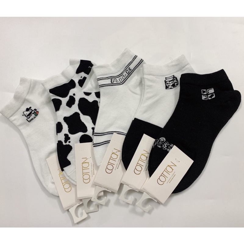( 5 đôi)Tất nữ ngắn cổ hoạ tiết bò sữa, chất cotton mềm mịn, dưới mắt cá chân.