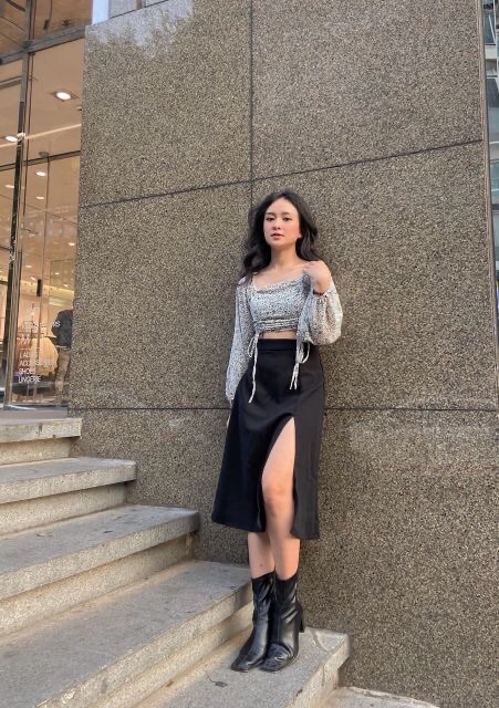 Áo croptop hoa tay dài rút dây 2 bên