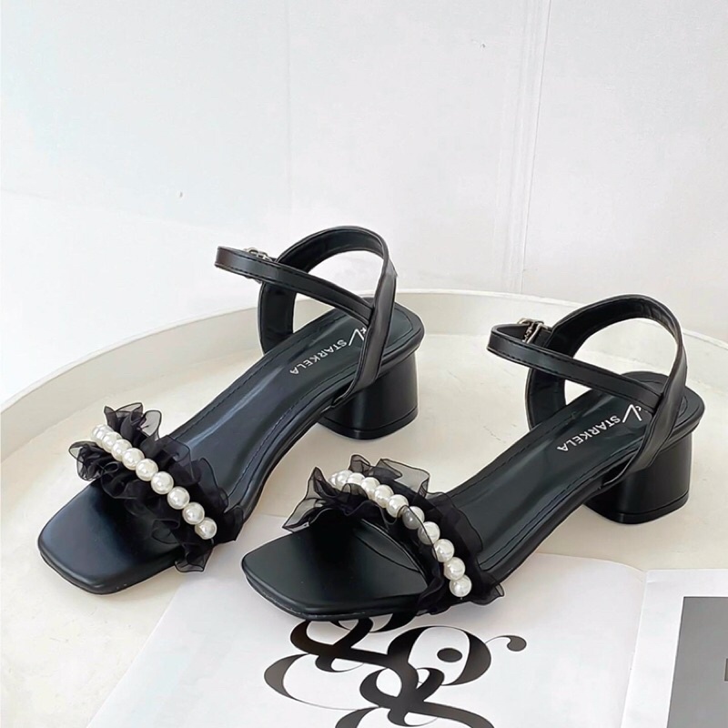 [Kho giày dép nữ] GIÀY SANDAL NỮ GÓT VUÔNG 4 PHÂN QUAI NGANG REN NGỌC CỰC ĐẸP