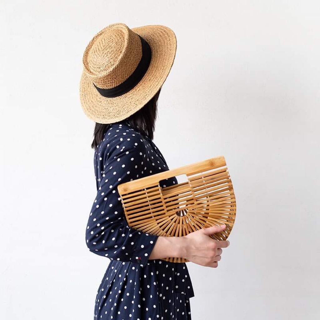 Mũ cói đi biển PANAMA GAUCHO - Vành ngang rộng -phối viền nơ ( Đóng hộp)