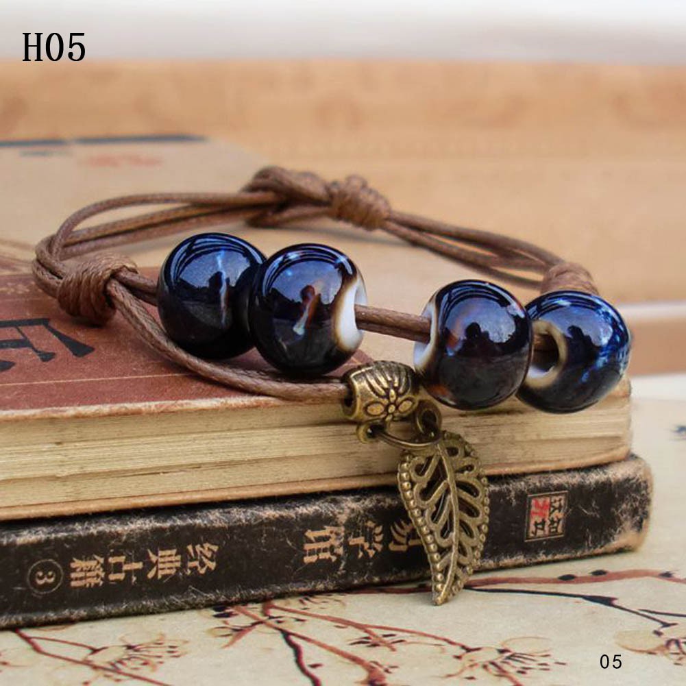 Vòng tay dây da 4 hạt sứ nhiều màu | BigBuy360 - bigbuy360.vn