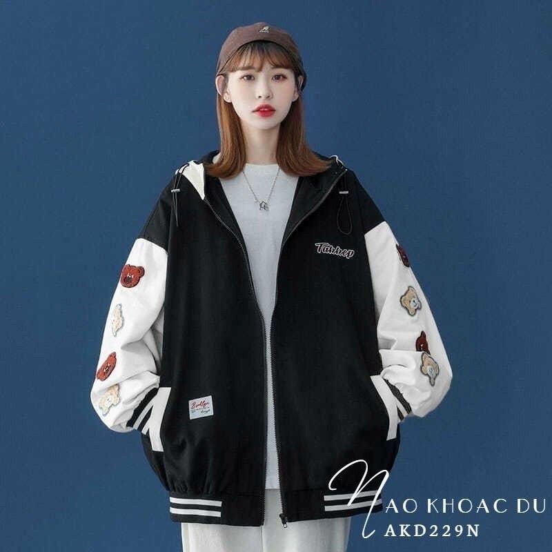 Áo khóac dù có mũ Nam/Nữ Unisex form rộng thêu hình gấu