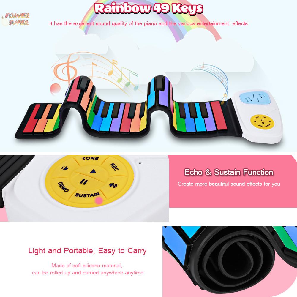 49 Key Speaker Hand Roll Up Piano Portable Folding Electronic Soft Keyboard Kid Music Toy