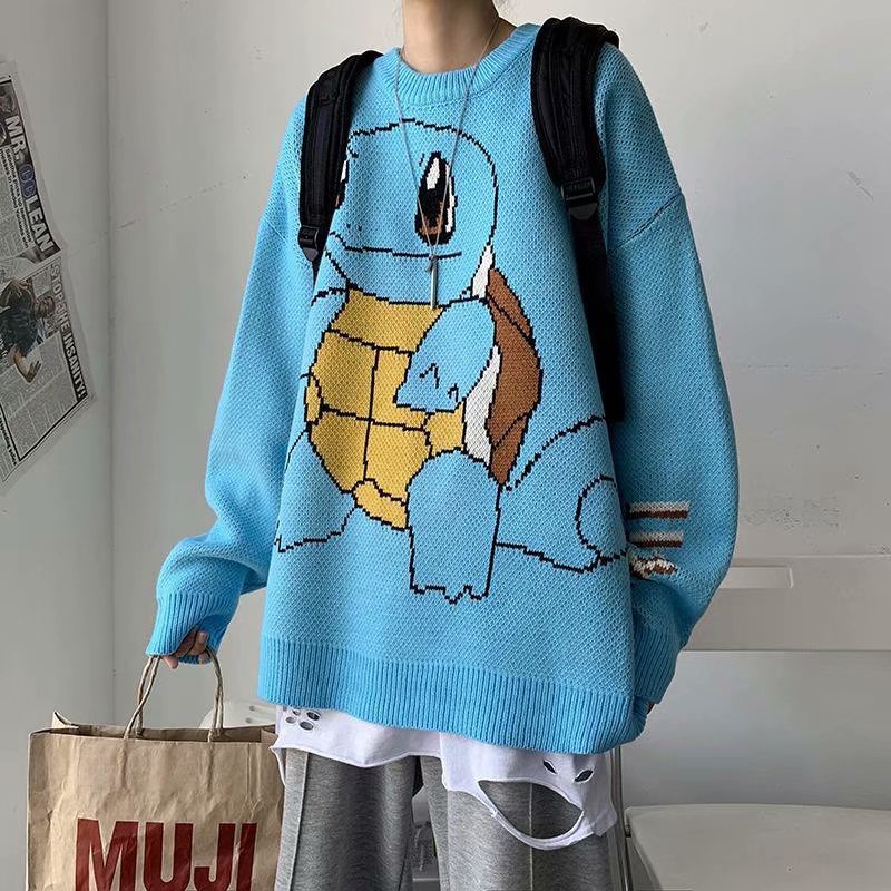 Áo sweater dệt kim tay dài cổ tròn dáng rộng in họa tiết hoạt hình phong cách Hàn Quốc thời trang unisex