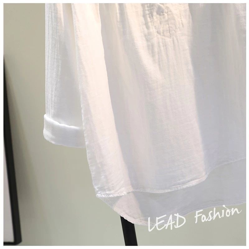 Áo Sơ Mi Cotton Lanh Dáng Rộng Màu Trắng Cài Nút Thời Trang Cho Nữ