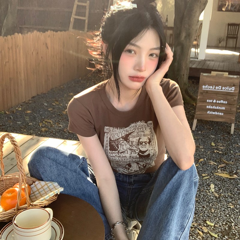 Áo Thun Tay Ngắn Cổ Tròn In Họa Tiết Phong Cách Vintage Mỹ Thời Trang Cho Nữ