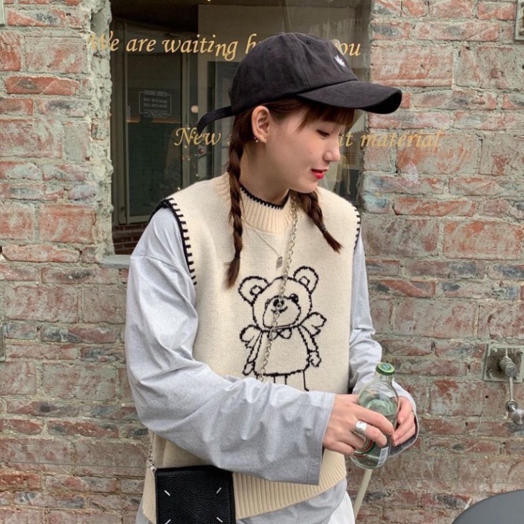 Gile Len Nữ Quảng Châu, Áo Gile Len Form Rộng Unisex Họa Tiết Hình Gấu Cổ Tròn Taobao