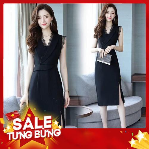 Đầm Nữ Ôm Váy Dự Tiệc Công Sở Dạo Phố Màu Đen Sát Nách Cổ V Xẻ Đùi -Hàng nhập khẩu