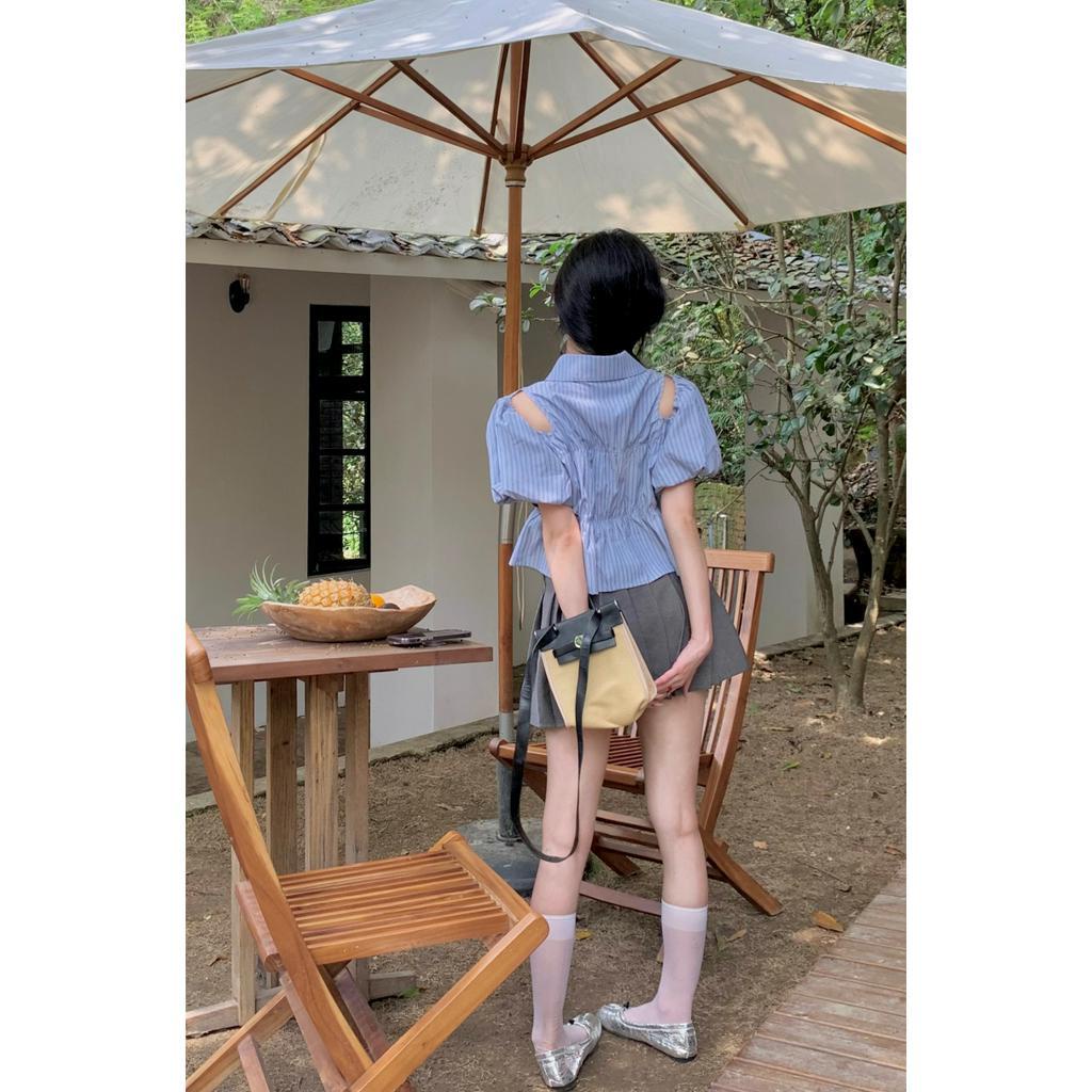 「 WELOVE1 」Áo Sơ Mi Búp Bê Tay Ngắn Bồng Kẻ Sọc Màu Xanh Dương Phối Nút Thắt Nơ Phong Cách Hàn Quốc Giản Dị Dành Cho Bạn Nữ