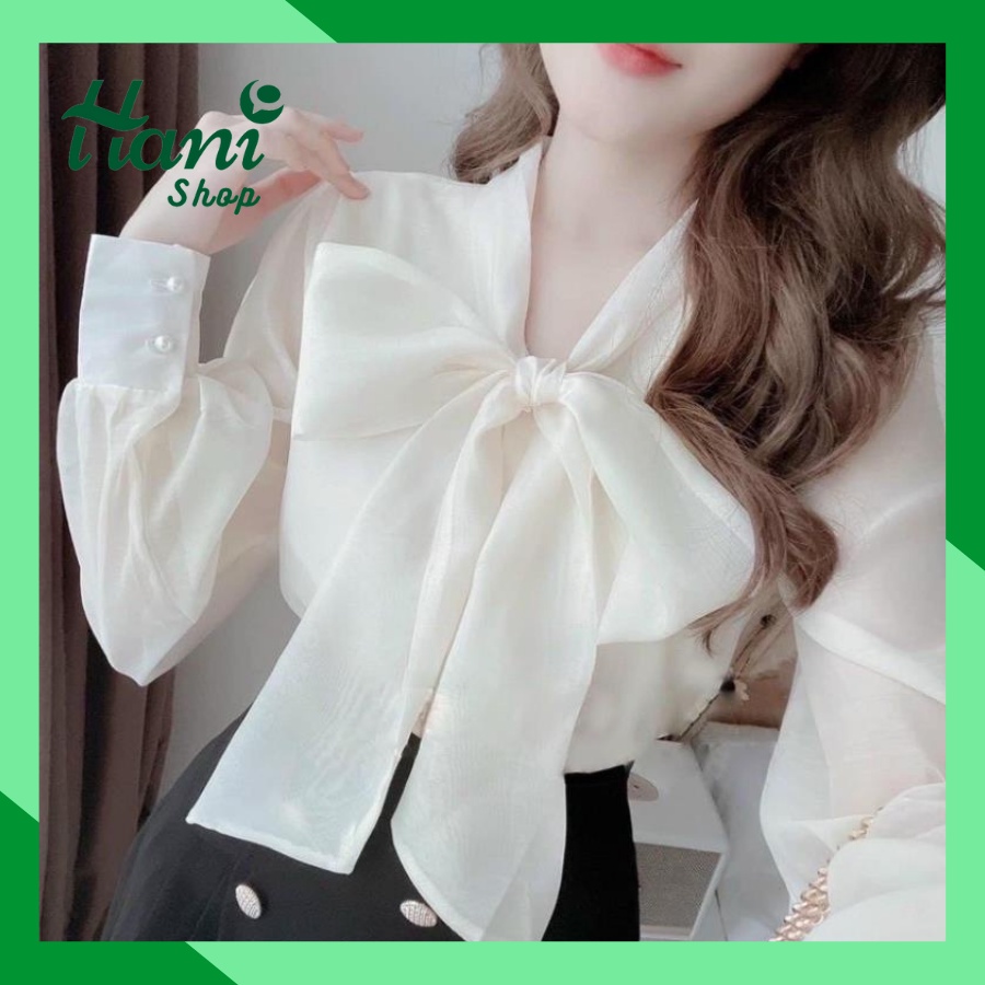Áo sơ mi trắng tay tiểu thư sang chảnh bồng cổ nơ khuy ngọc HN89