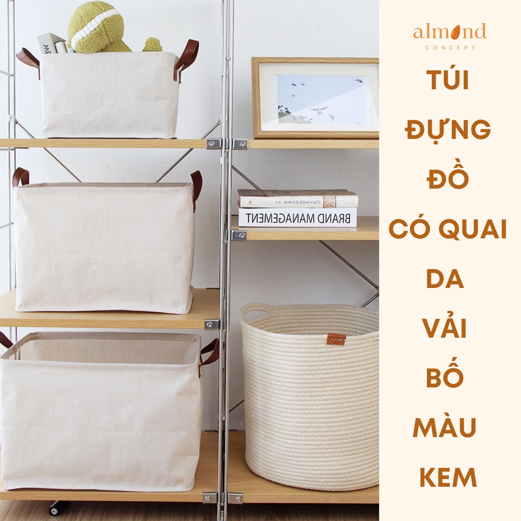 Túi đựng đồ vải Bố có quai cầm màu Kem - Túi giặt Kiểu Nhật gấp gọn có tay cầm Da 3 kích cỡ - almondconcept
