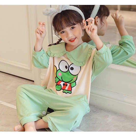 Đầm Ngủ Tay Dài Cổ Búp Bê In Họa Tiết Hoạt Hình Dễ Thương Cho Bé Gái