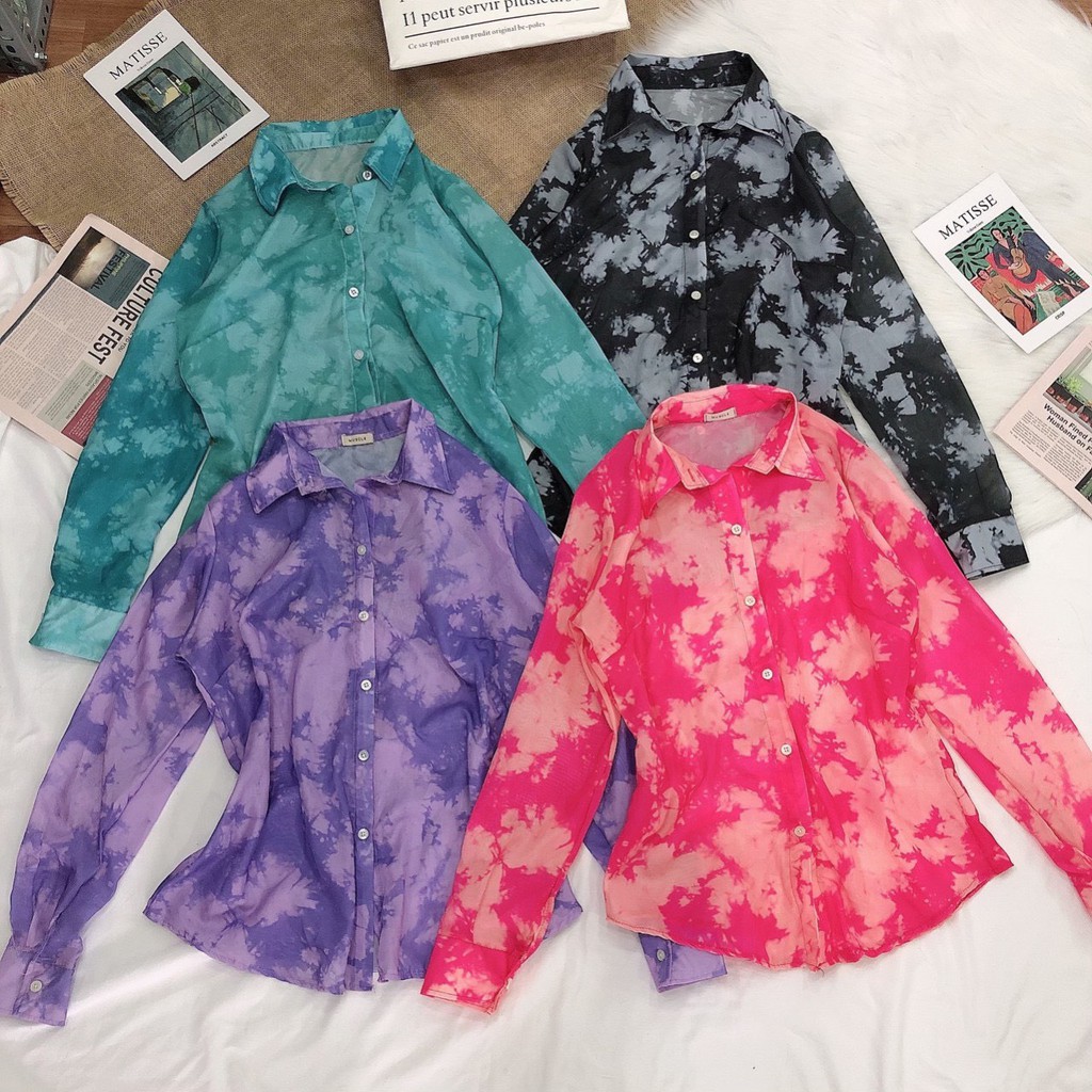 áo sơ mi màu loang siêu xinh chất voan mềm đủ màu ảnh thật