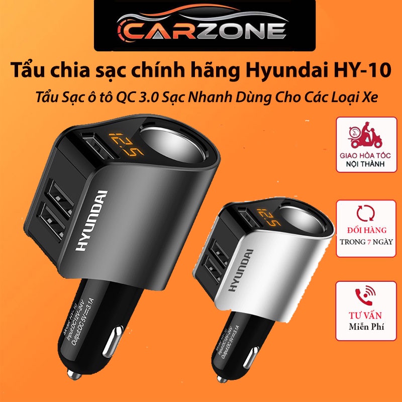 Tẩu Sạc Ô Tô QC 3.0 - Tẩu Chia Sạc Chính Hãng Hyundai HY-10 Dùng Được Cho Mọi Loại Xe CARZỌNE.TOP