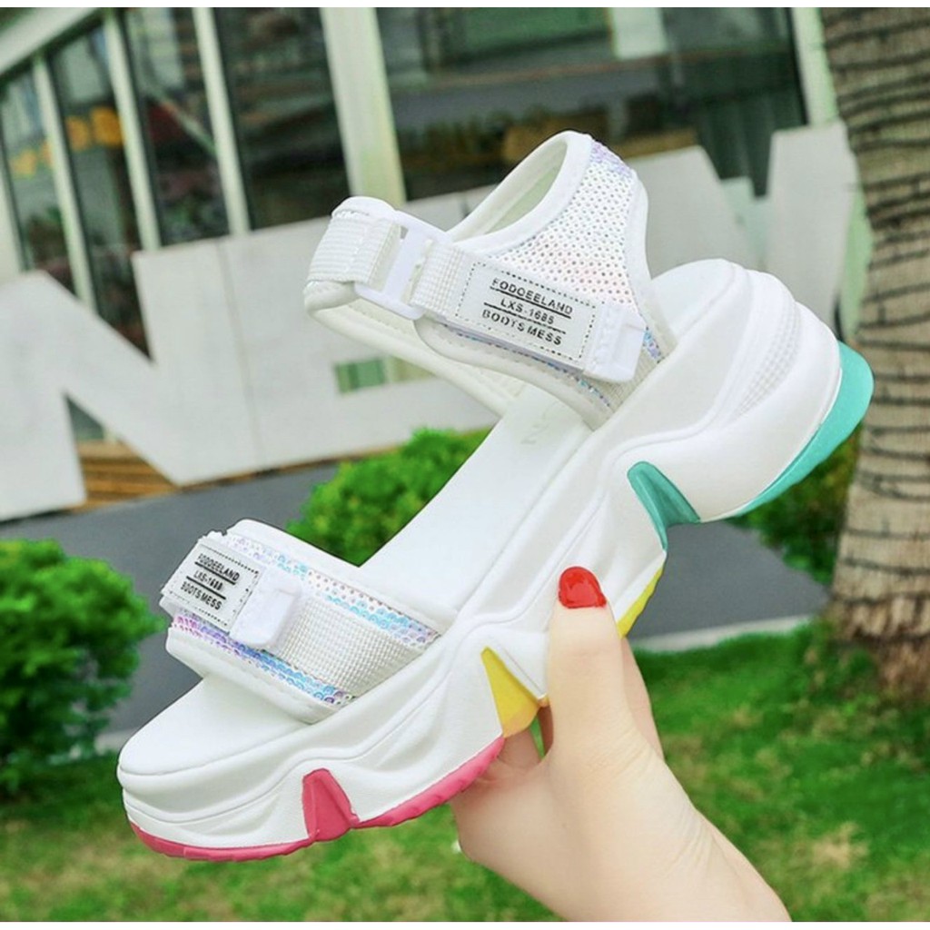 Giày Sandal Đế Bằng HÀNG ĐẸP Sandal Nữ Quai Kết kim Sa - Đế Phối Màu (Quảng Châu) 812