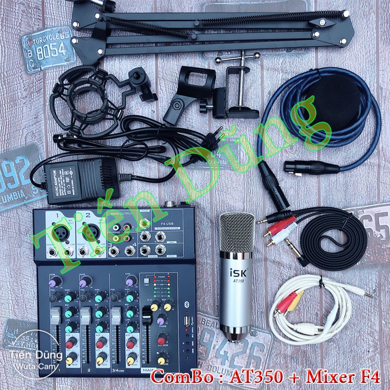 Combo mic thu âm AT350 mixer f4 có bluetooth chân dây livestream chế zắc 6.5 dây truyền nhạc dây mic 3m