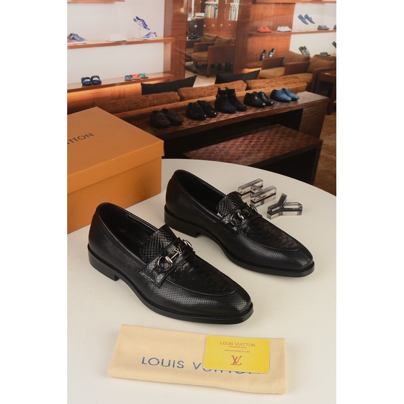 giày tây cho nam mũi tròn không dây Louis Vuitton LV da thật dập vân cao cấp