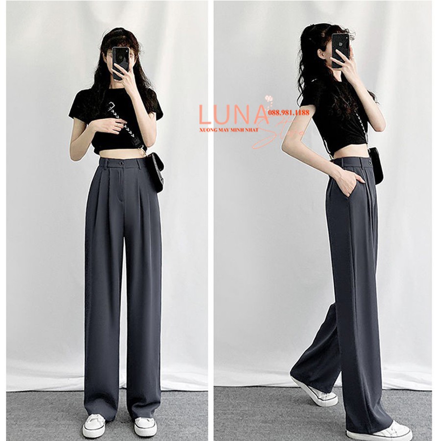 Quần ống rộng dài cạp lưng cao có đai khóa túi cúc - Màu Đen Tím - Vải tuyết mưa dày - Học sinh mặc đi học làm công sở