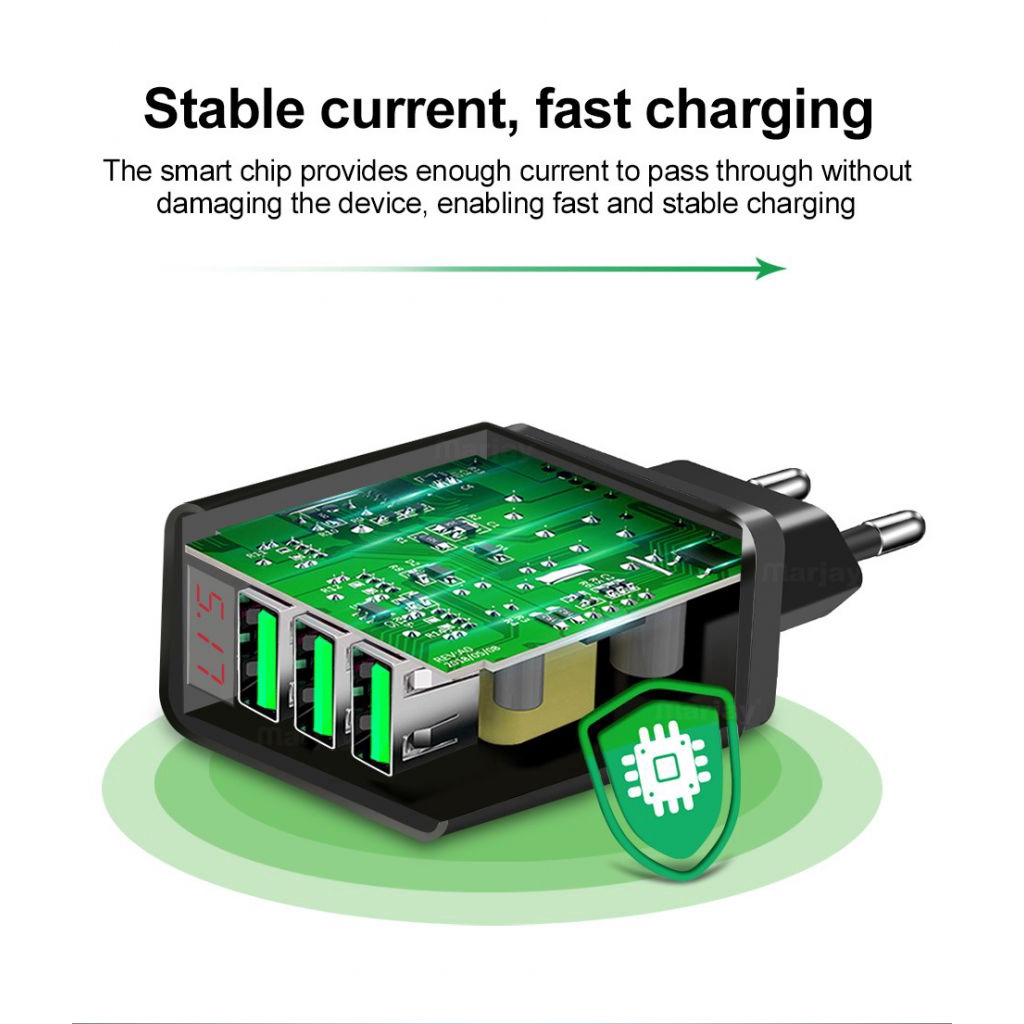 5 V / 3.1 A (max.) 3-Port USB Phone Charger LED Display Wall Fast Charging Adapter EU/US Plug Ⓡ