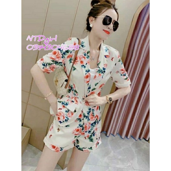 Hàng nhập - Set bộ vest nữ short cotton lạnh in hoa lá, sét đồ thời trang blazer công sở hay đi chơi đều đẹp