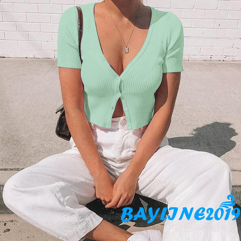 Áo Croptop Dệt Kim Tay Ngắn Cổ Chữ V Thiết Kế Đơn Giản Cho Nữ