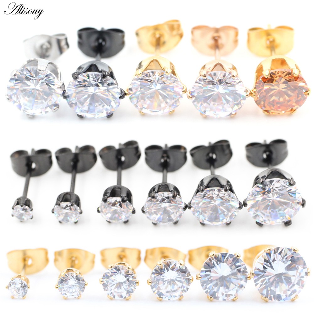 Alisouy Set 2 Khuyên Tai Tròn Bằng Thép Không Gỉ Đính Đá Zircon Thời Trang