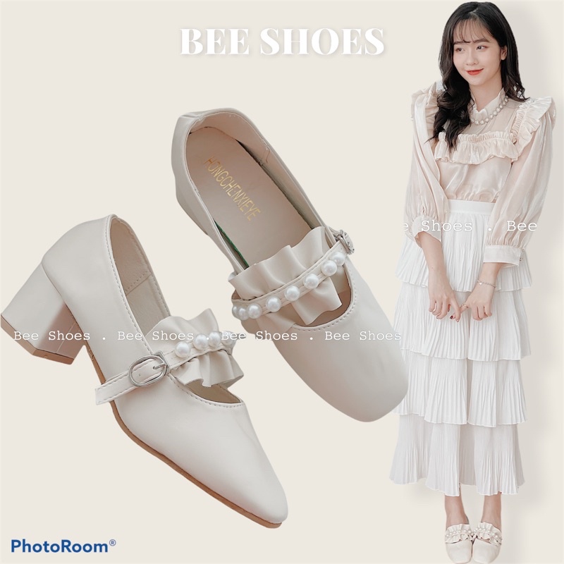 BEESHOES - GIÀY BÚP BÊ BÈO NHÚM CAO 5 PHÂN - GIÀY BÚP BÊ DA MỀM ĐI ÊM CHÂN DỄ ĐI SẴN 2 MÀU ĐEN, KEM 210347