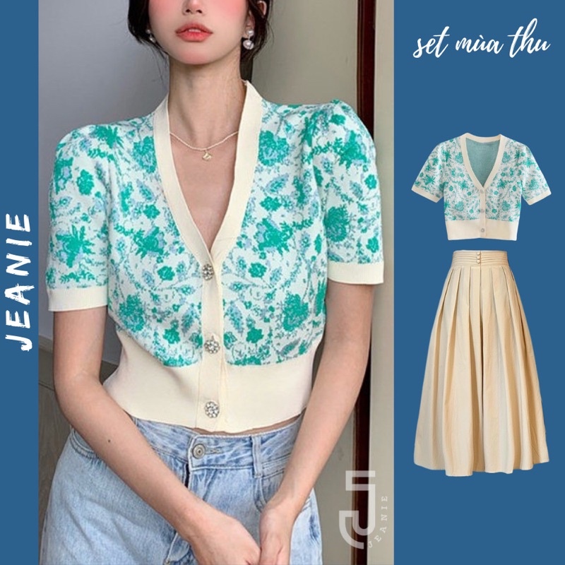 Áo len cộc tay nữ JEANIE, áo len mỏng dệt kim hoạ tiết sang chảnh cúc đính đá hàng loại 1