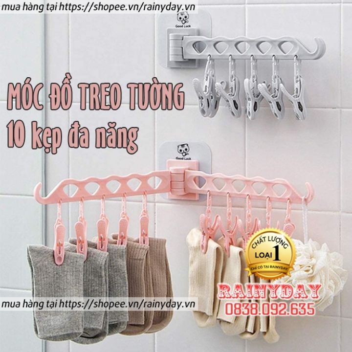 Móc treo quần áo tất dán tường thông minh 10 kẹp nhựa phơi đồ lót trẻ em người lớn đa năng tiện lợi