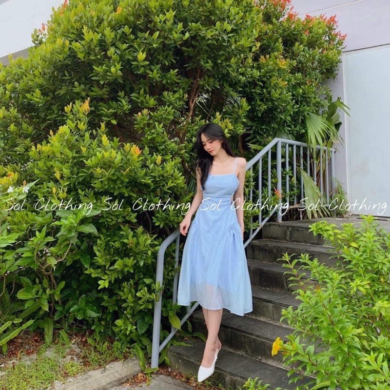 Đầm midi 2s xanh khoét eo lên dáng chuẩn form mẫu kèm ảnh thật trải sàn