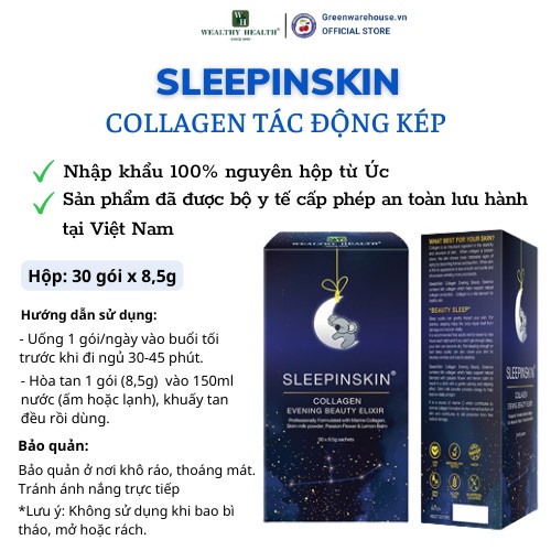 Collagen Uống Tác Động Kép Đẹp Da và Ngủ Ngon Sleepinskin Của WEALTHY HEALTH-Hàng Chính Hãng Từ Úc(8.5gx30g)