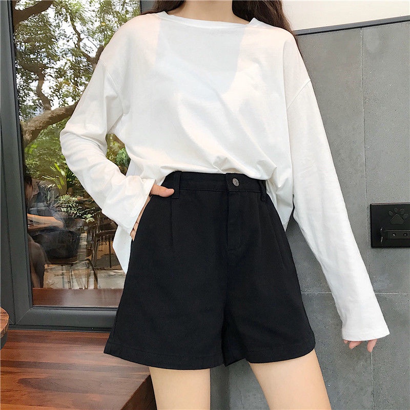 Quần short denim IELGY lưng cao dáng rộng màu trơn phong cách Hàn Quốc dành cho nữ