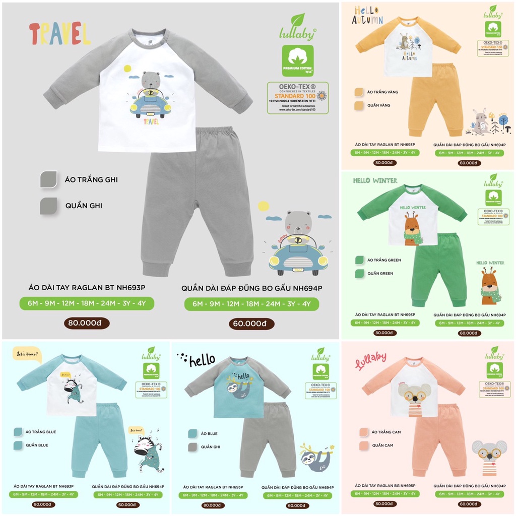 [CHÍNH HÃNG] Bộ dài tay cotton cao cấp họa tiết bé trai thu đông Lullaby
