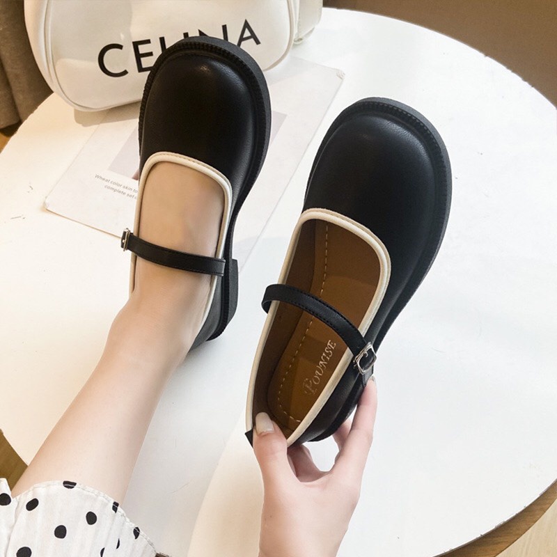 Giày búp bê nữ viền màu kiểu merry jane da mềm, đơn giản dễ đi lên chân cực xinh mã K7